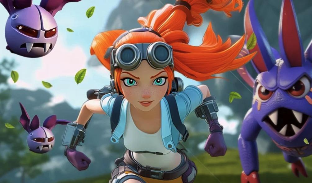 Palworld key art — an explorer with goggles charging forward, flanked by Demon Eye Pals.